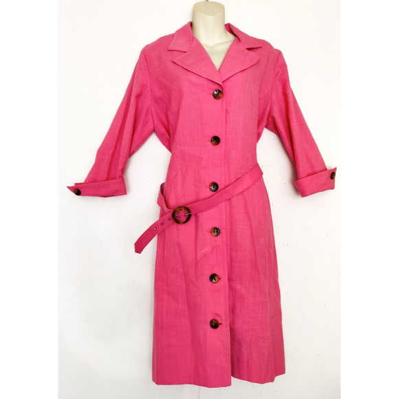 Vintage HENRY LEE 1970's LINEN SHIRT DRESS Belted Buttons Hot Pink SZ Med - Picture 2 of 8